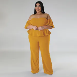 Combinaison femme épaule dénudée manches courtes jambe large moutarde tenue élégante chic