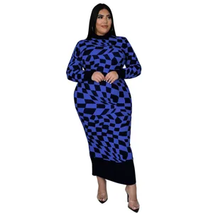 Plus size blue black geometric checkerboard print long sleeve maxi dress detailed shot.
