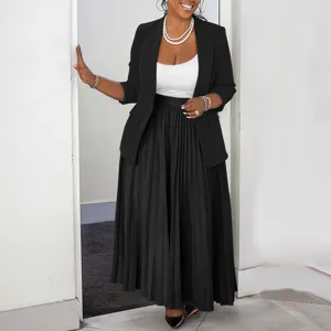 Elegant women's black blazer and pleated maxi skirt set, perfect for professional and casual wear.