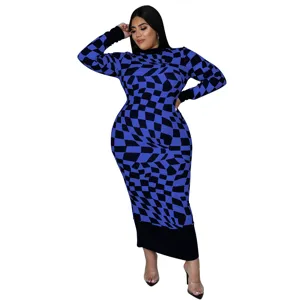 Plus size blue black geometric checkered long sleeve midi dress, elegant casual apparel detail.