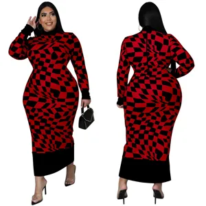 Red and black abstract geometric print long sleeve maxi dress front and back details.