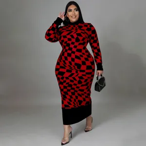 Plus size red and black plaid long sleeve turtleneck maxi dress for women elegant fashion.