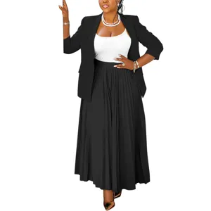 Women business casual blazer suit featuring white top and black pleated long skirt outfit