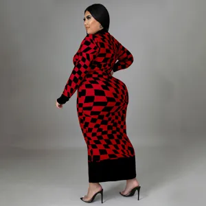 Detailed view of the elegant red and black checkered long sleeve slim fit maxi dress.