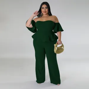 Combinaison Femme Grande Taille Elegante Vert Fonce Epaule Denudee Peplum Jambes Larges Mode