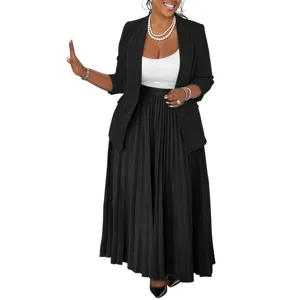Women's business casual black blazer and pleated maxi skirt outfit set for professional daily wear.