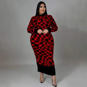 Long sleeve geometric check print maxi dress, elegant red and black slim fit design.