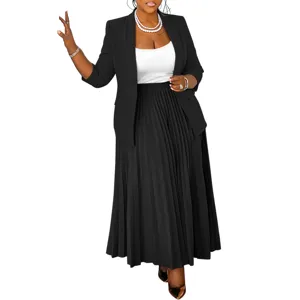 Women black blazer pleated maxi skirt set business casual office elegant outfit 2 piece