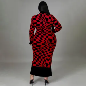 Women long sleeve checkered print maxi dress casual elegant slim fit party wear outfit