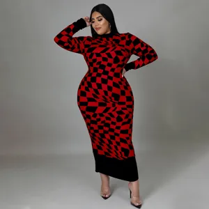 Plus size red black geometric print long sleeve maxi dress for women casual elegant apparel