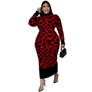 Plus size red and black checkered long sleeve turtleneck maxi dress detail view showcasing pattern.