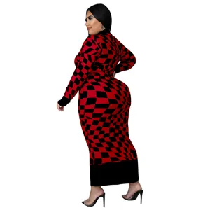 Detailed side and back view of the red and black checkered long sleeve dress detail.