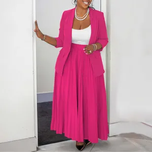 Women blazer and pleated long skirt two piece suit set casual professional outfit