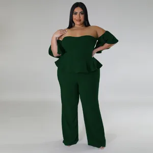 Combinaison Femme Grande Taille Epaule Dénudée Top Volants Pantalon Large Vert Foncé