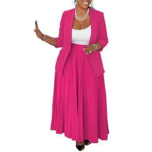 Women fashion casual business suit set blazer and pleated maxi skirt for elegant daily wear.