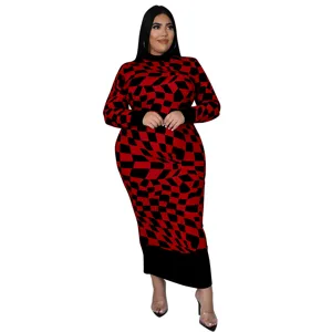 Women red black checkered long sleeve dress casual elegant round neck maxi dress winter