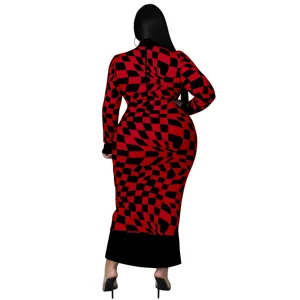 Detailed back view of women long sleeve red black checkered print maxi dress back design