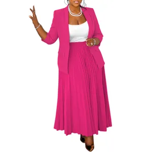 Women fashion casual blazer and pleated long skirt suit set elegant professional outfit