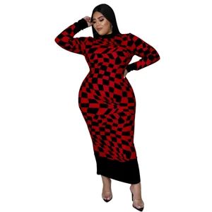 Plus size red black checkered long sleeve midi dress elegant round neck casual wear