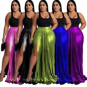 Plus Size High Waist Pleated Slit Long Skirt Women Solid Color Elegant Maxi Skirt Sexy Side Split Bottom For Party Daily Wear