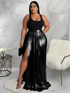 Detail view of women's metallic pleated high waist split long skirt in elegant style.