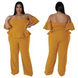 Grande taille sexy epaule denudee manches courtes volants jambe large combinaison