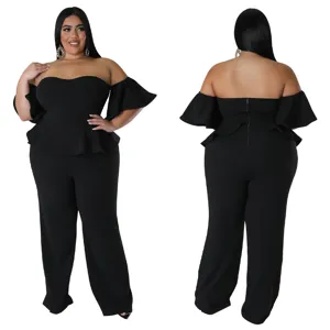 Combinaison pantalon large noire grande taille epaules denudees manches volants elegante