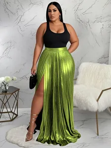 Elegant high waist metallic pleated split long skirt for women fashion casual wear.