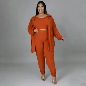 Plus size casual ribbed 3 piece set for women featuring tank top pants and cardigan outfit.
