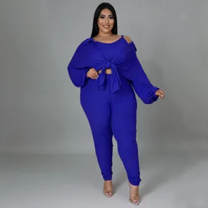 Plus size royal blue ribbed three piece set detail showing casual sexy crop top pants and outer.