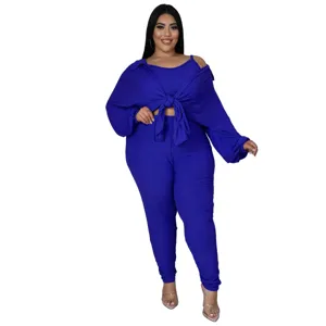 Plus size casual ribbed three-piece set detail view featuring chic tie-front shirt.