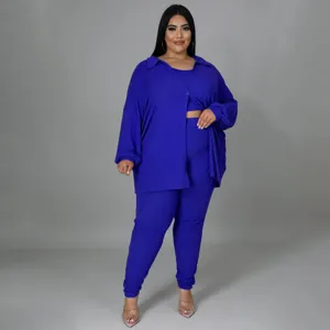 Plus size royal blue 3-piece ribbed lounge set including crop top, shirt and matching pants.