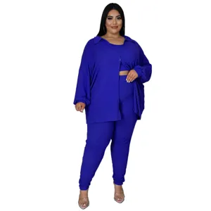 Plus size royal blue 3-piece ribbed casual set detail showing soft fabric texture.