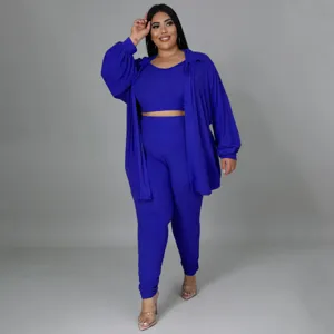 Plus Size Ribbed Three Piece Outfit Casual Sexy Solid Color Cardigan Top Pants Set