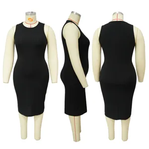 Plus size black sleeveless ribbed midi dress for women, casual summer solid color slim fit outfit.