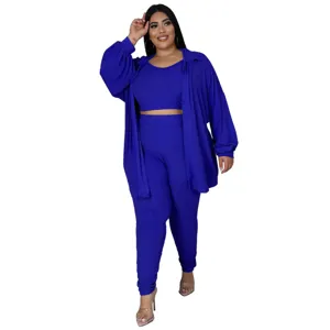 Plus size royal blue ribbed three piece set detail showing fabric texture and design.