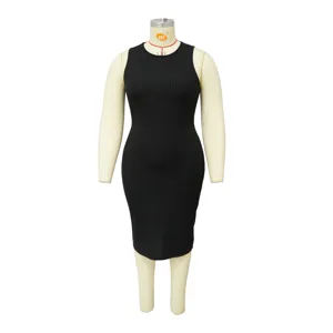 Plus size black sleeveless ribbed midi dress for women, casual summer daily wear.
