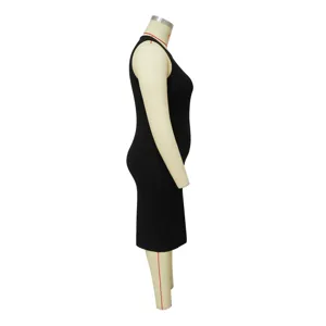 Women black sleeveless ribbed midi dress bodycon slim fit casual everyday wear detail view.