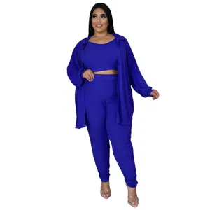 Plus size ribbed 3 piece set casual solid color crop top pants and cardigan outfit for women
