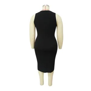 Back view detail of plus size solid black sleeveless ribbed knit midi dress for women