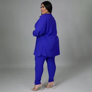 Plus size ribbed casual long sleeve top and matching pants set, soft texture detail view.