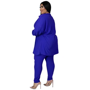 Detailed view of the royal blue ribbed plus size long sleeve top and pants set, elegant and comfortable.