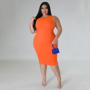 Close-up detail view of the plus-size sleeveless ribbed midi dress, showing fabric texture.
