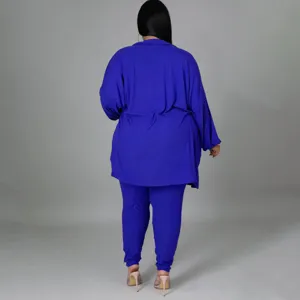 plus size ribbed lounge set casual solid color two piece outfit long sleeve top pants royal blue