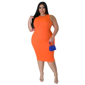Plus Size Sleeveless Ribbed Bodycon Midi Dress Casual Summer Orange Dress for Women