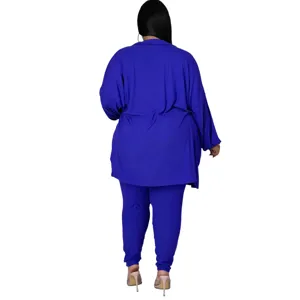 Plus size casual solid ribbed long sleeve top and pants set for women comfortable daily wear.