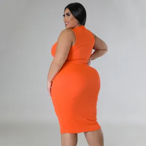 Plus size sleeveless ribbed midi dress casual summer solid color orange dress for women