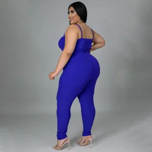 Plus size ribbed solid color sexy casual two piece outfit camisole and pants set for women.