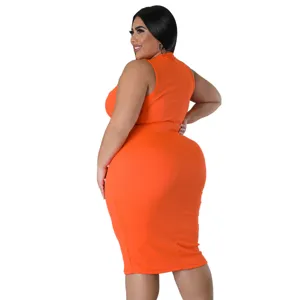 Plus size solid color sleeveless ribbed midi dress for women fashion casual summer wear