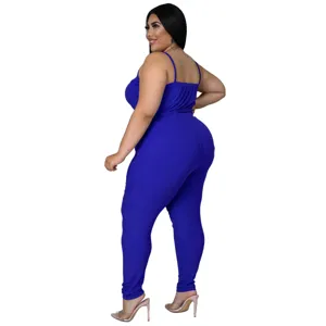 Plus size royal blue ribbed two piece set sexy casual cami top and long pants outfit for women